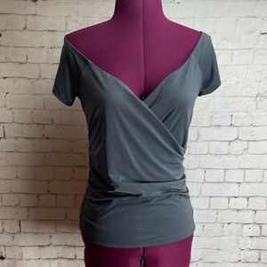 Express size medium grey body contour short sleeve wrap design top